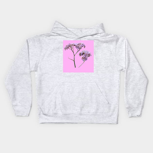 Purple flowers with a baby pink background Kids Hoodie by sunnytvart